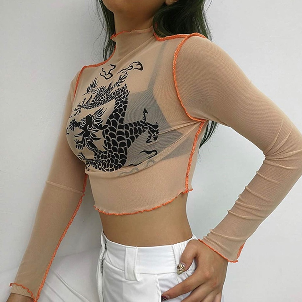 NWT Beige Orange Dragon Print Mesh Tattoo Long Sleeve Crop Top Medium Large
